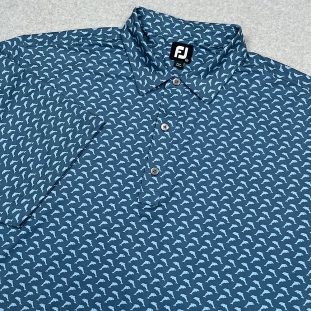 FootJoy Polo Shirt Mens 2XL XXL Blue Dolphin All Over Print Performance Golf‎